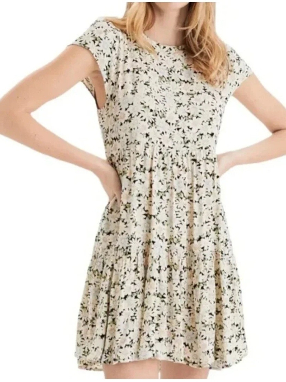 American Eagle Floral Tiered Babydoll Dress M Cream Cottagecore Ditsy Daisy